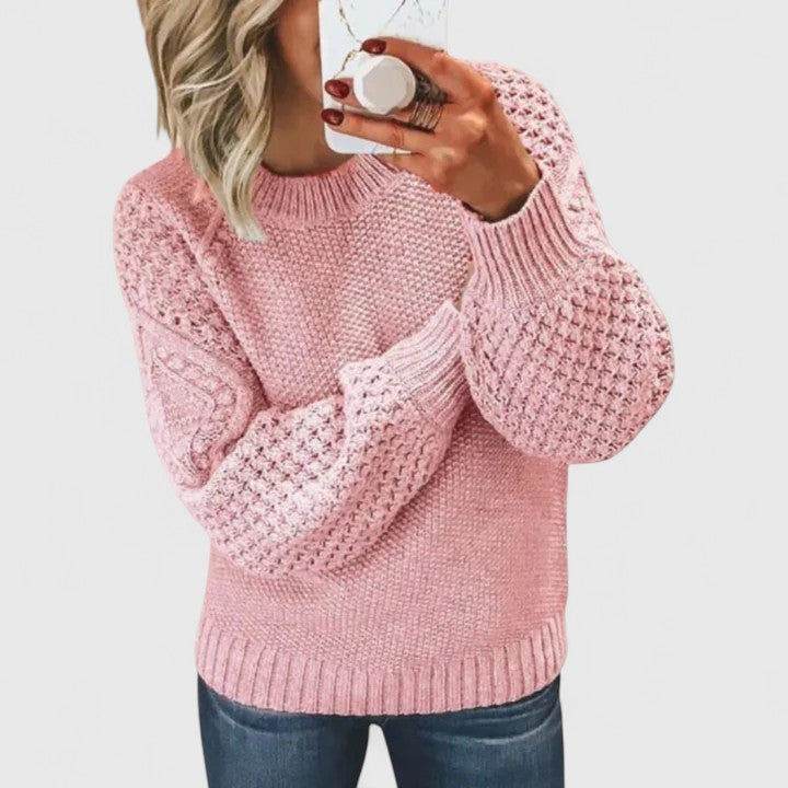 Chic women's textured puff sleeve sweater, ideal for versatile elegant fall and winter outfits & casual wear.