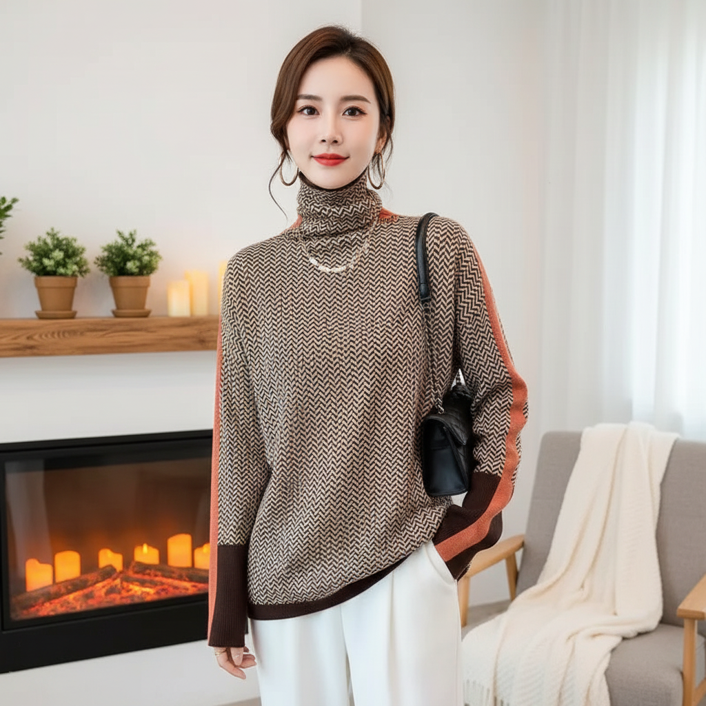 Women's elegant turtleneck knitted sweater, cozy polyester blend knitwear for winter fashion, casual longsleeve top