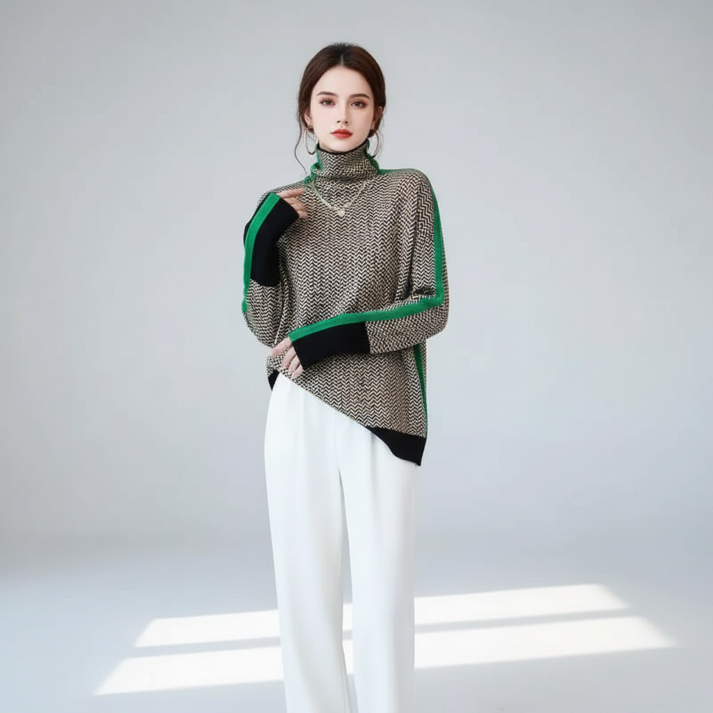 Studio shot of women's long-sleeve knitwear, an elegant Elvira turtleneck sweater for winter fashion