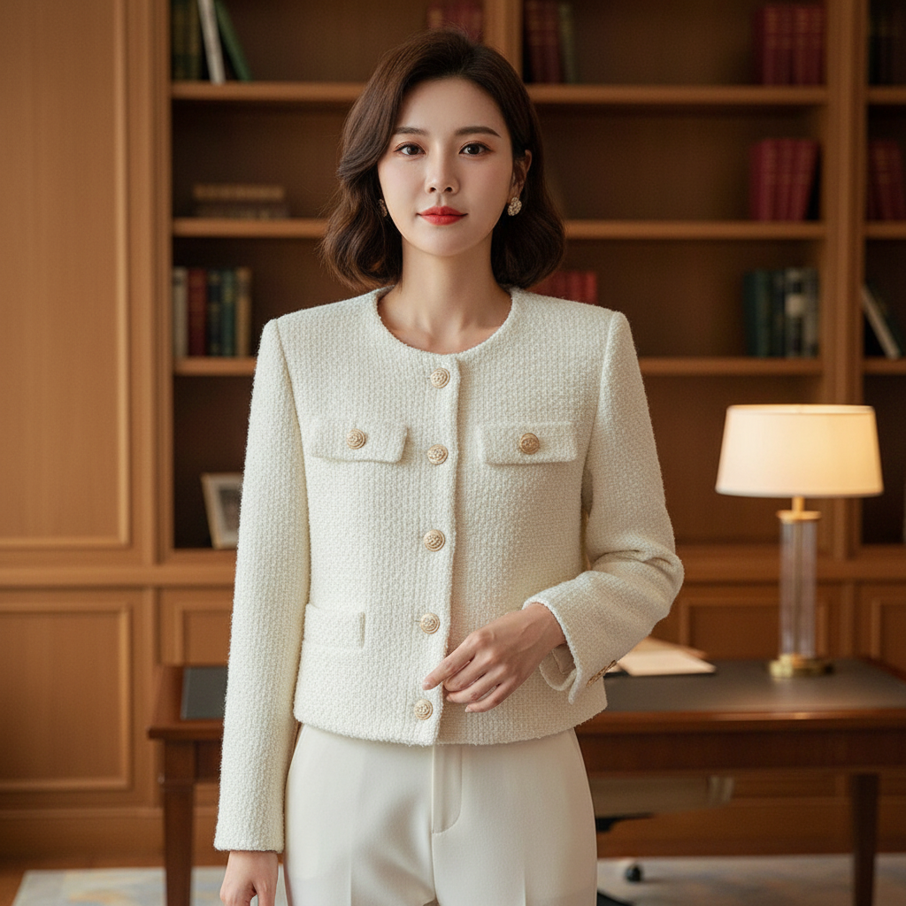 Women's elegant tweed blazer jacket, classic Rebecca style, round neck, button front