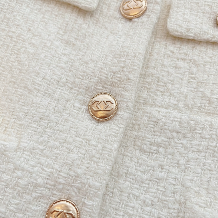 Classic Rebecca tweed blazer for women, elegant round neck and button-front design