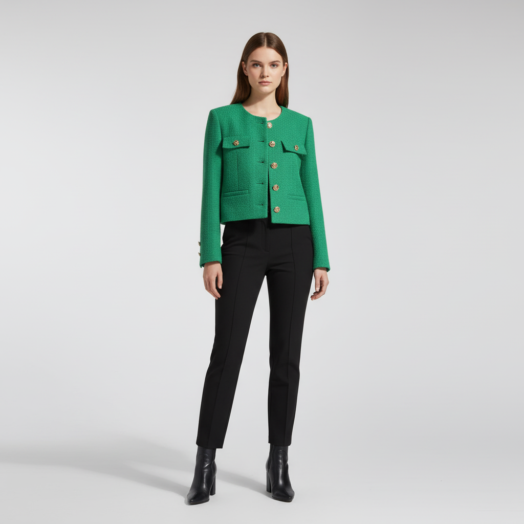 Autumn fashion: women's classic tweed blazer, Rebecca style, sophisticated outerwear