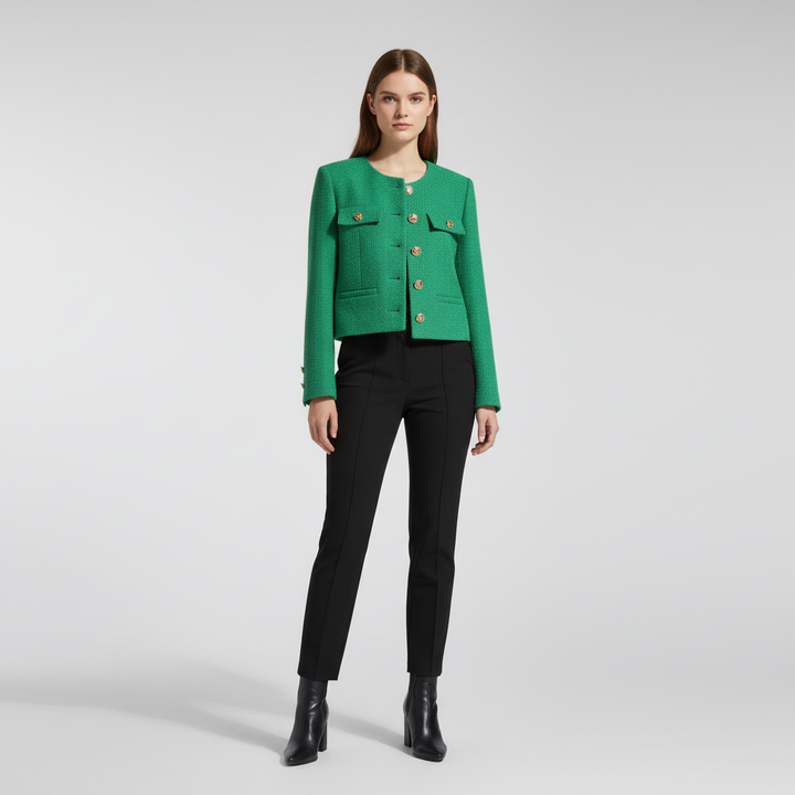 Autumn fashion: women's classic tweed blazer, Rebecca style, sophisticated outerwear
