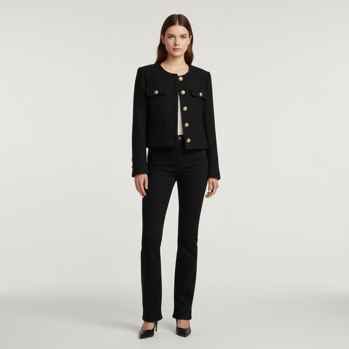 Rebecca women's tweed jacket with elegant round neck and practical button front