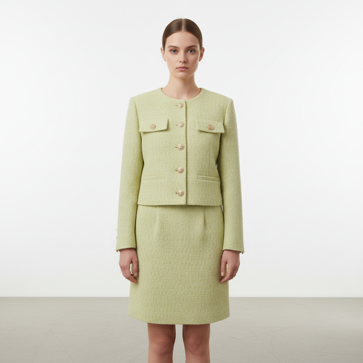 Close-up of elegant women's tweed blazer jacket, Rebecca, showcasing material and buttons