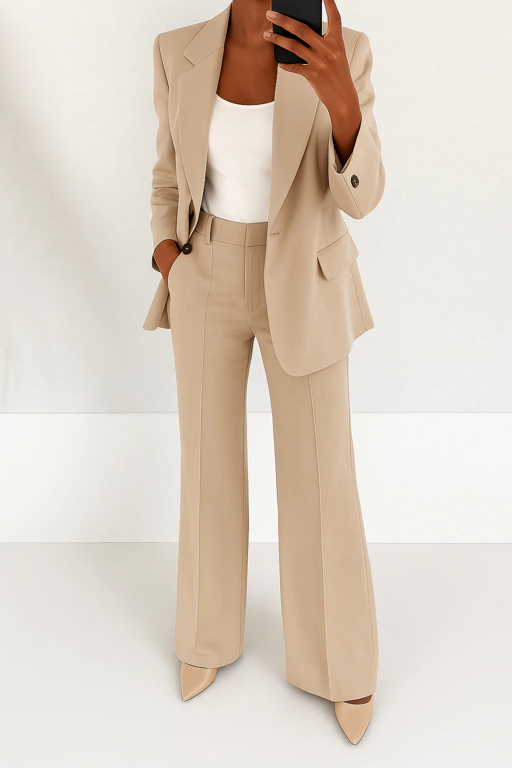Stylish women's tailored blazer paired with comfortable wide-leg pants, a sophisticated two-piece suit.