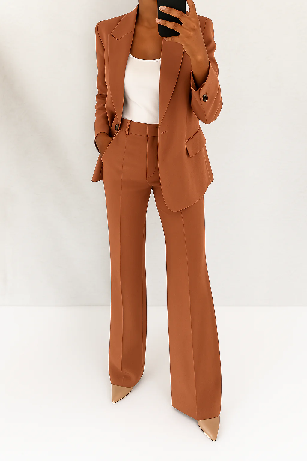 Elegant women's office wear suit set featuring a classic blazer and fashionable wide-leg pants for business.