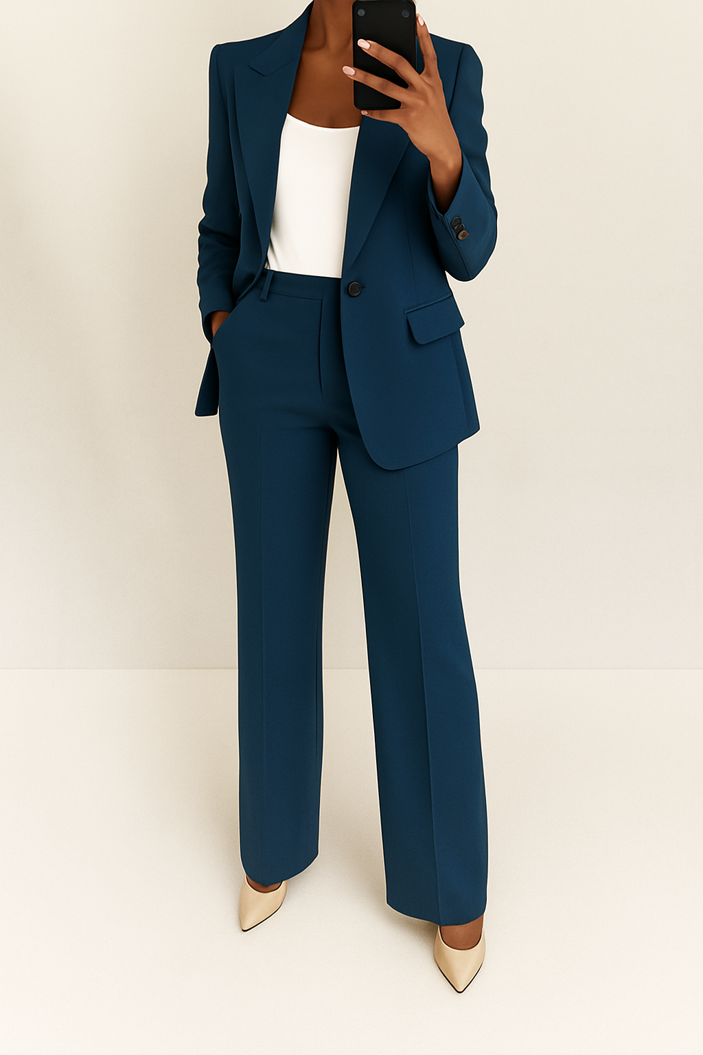 Professional women's blazer & wide-leg pants suit set. Elegant two-piece business attire for modern office style.