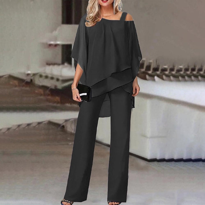 Formal & casual women's elegant cold shoulder two-piece outfit with comfortable long pants.