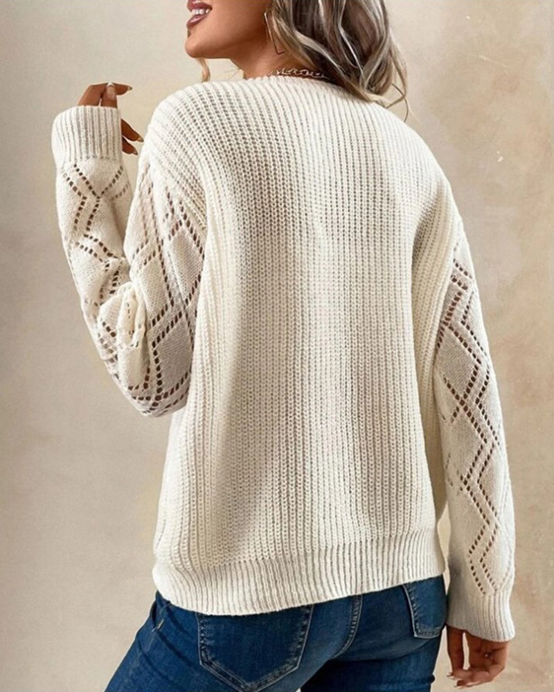 Soft knit V-neck color block pullover for women, a stylish long-sleeve option for comfort.