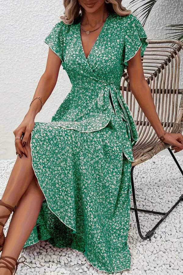 Elegant women's floral print dress, V-neck, suitable for various occasions and parties.