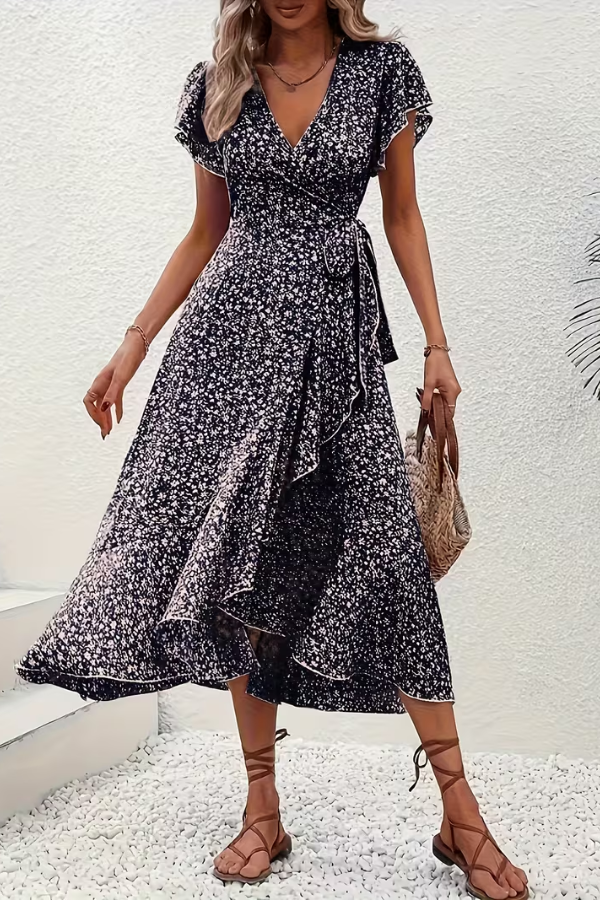 Chic women's V-neck floral party dress, elegant and flattering for special events.