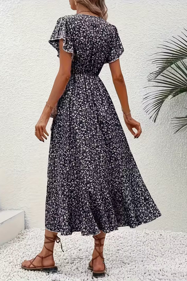 Women's everyday V-neck floral midi dress, a versatile and stylish choice for comfort.
