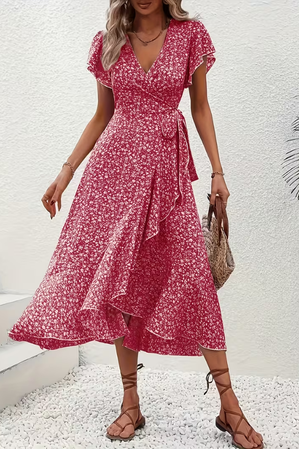 Women's flattering V-neck floral dress, perfect for a sophisticated casual look.