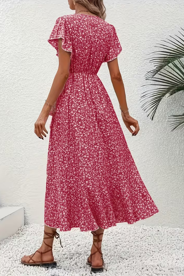 Elegant women's short sleeve V-neck floral midi dress, comfortable for all-day wear.