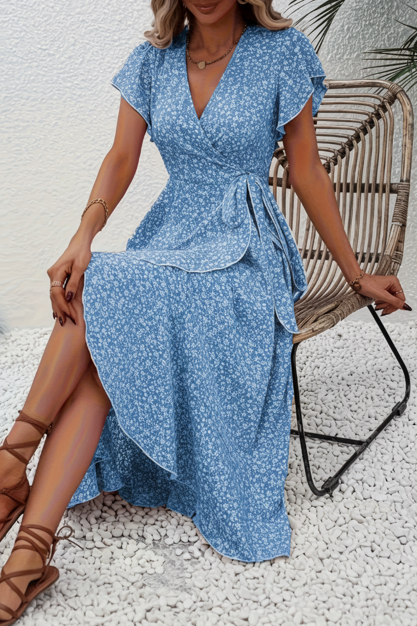 Zoomed-in view of the floral pattern on an elegant V-neck women's midi dress, perfect for summer.