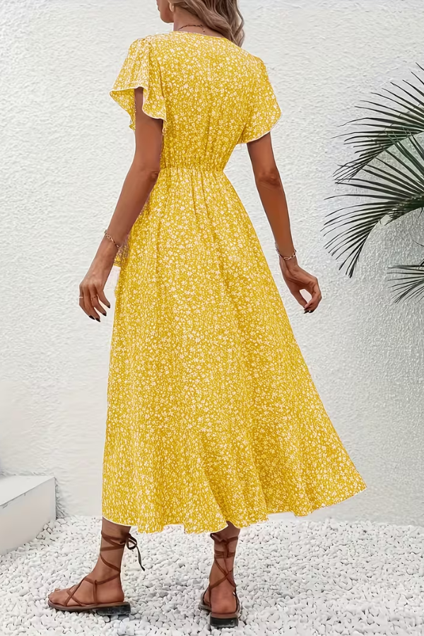 Women's short sleeve V-neck floral midi dress, comfortable for everyday casual wear.