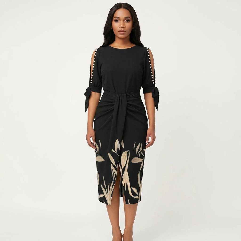 Women's elegant V-neck midi cocktail dress with delicate lace sleeves, perfect for formal events.