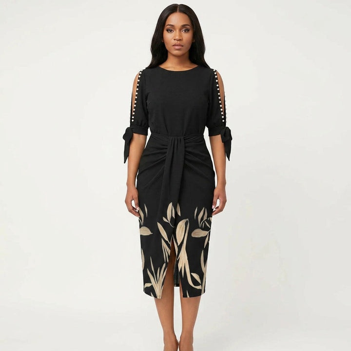 Women's elegant V-neck midi cocktail dress with delicate lace sleeves, perfect for formal events.