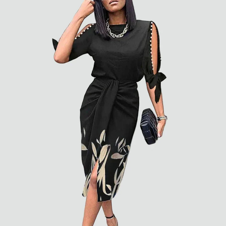 Chic women's midi party dress featuring a flattering V-neckline and intricate lace sleeves.