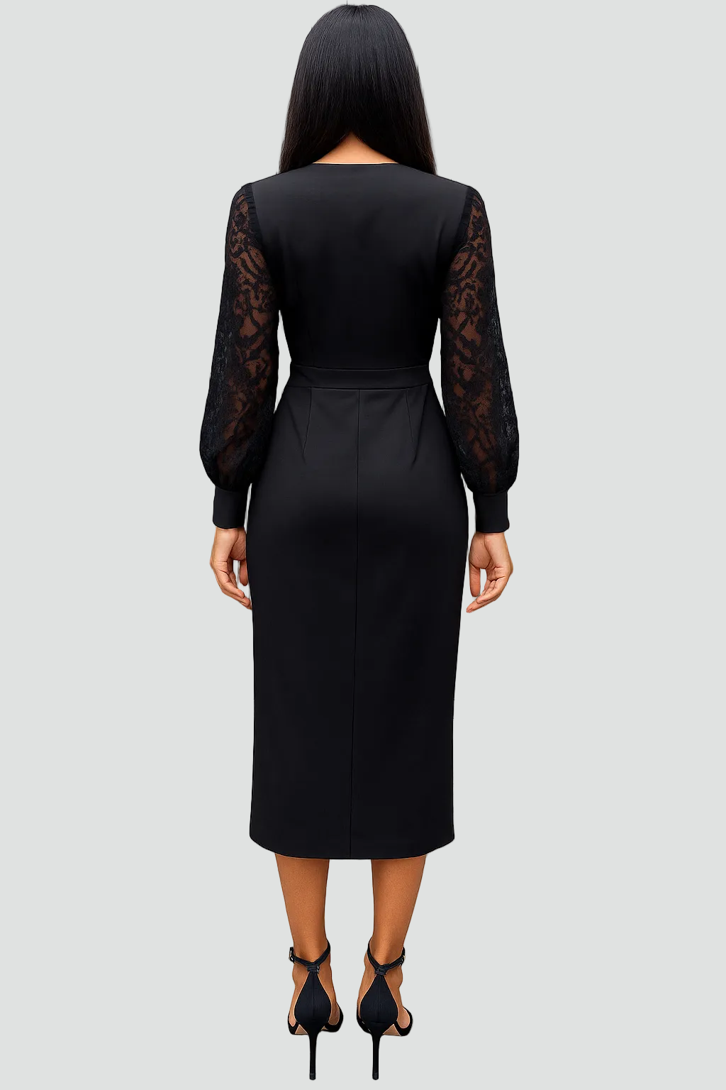 Formal women's evening midi dress with a stylish V-neck and beautiful lace sleeve details.