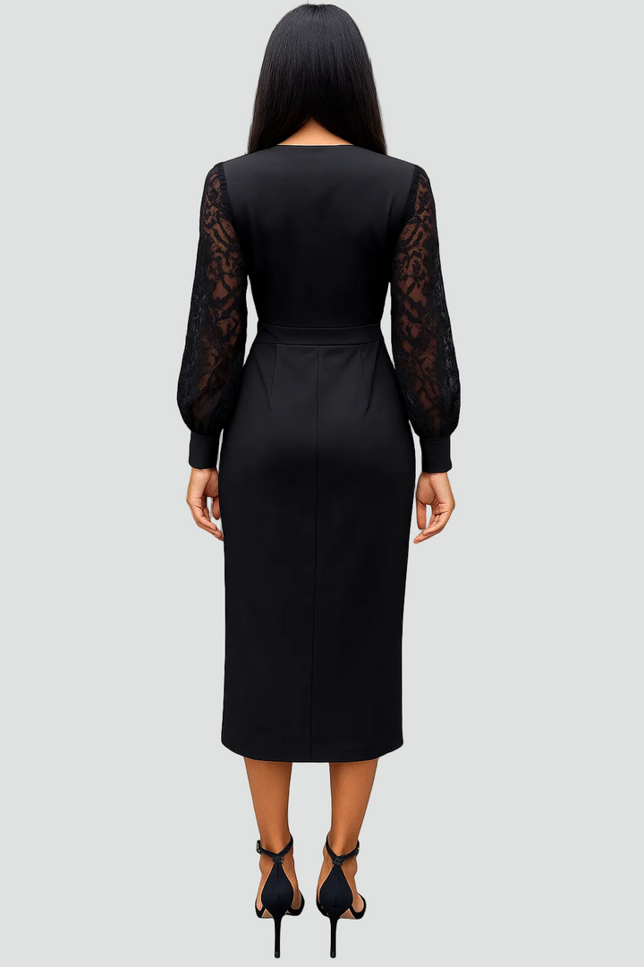 Formal women's evening midi dress with a stylish V-neck and beautiful lace sleeve details.