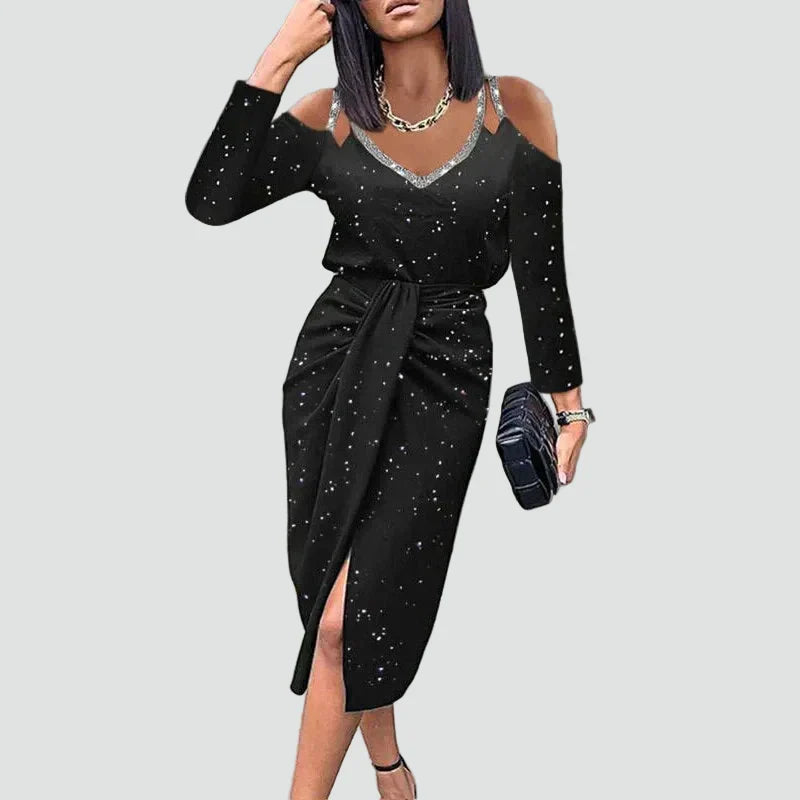 Stylish women's V-neck midi dress with elegant lace sleeves, perfect formal or evening wear.