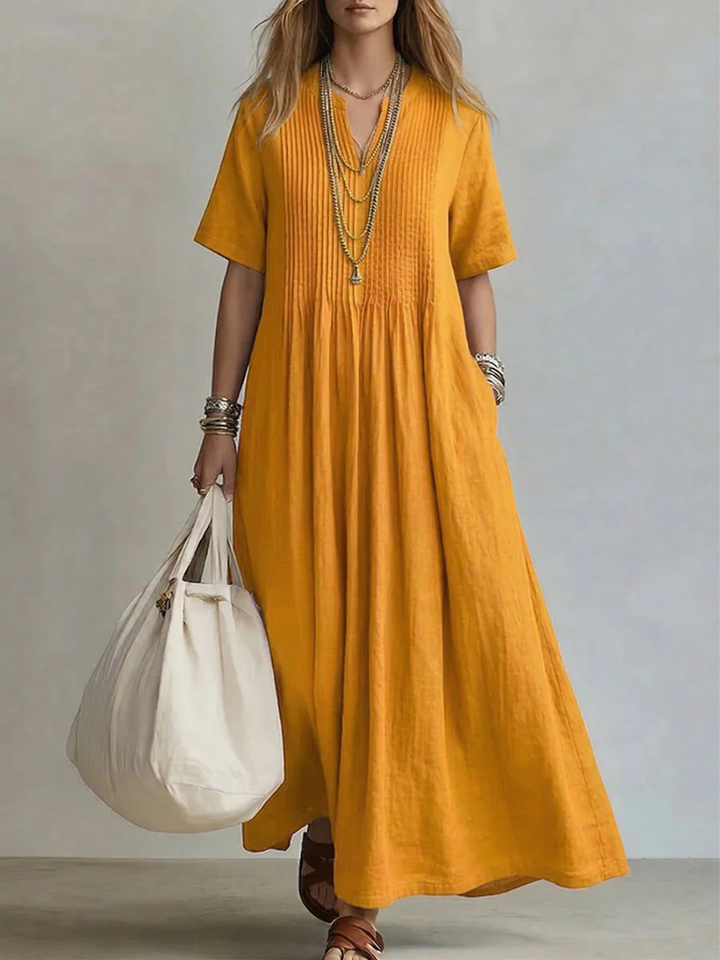 Stylish green V-neck midi dress, women's flowy elegant design. Comfortable vibrant fashion for any occasion.