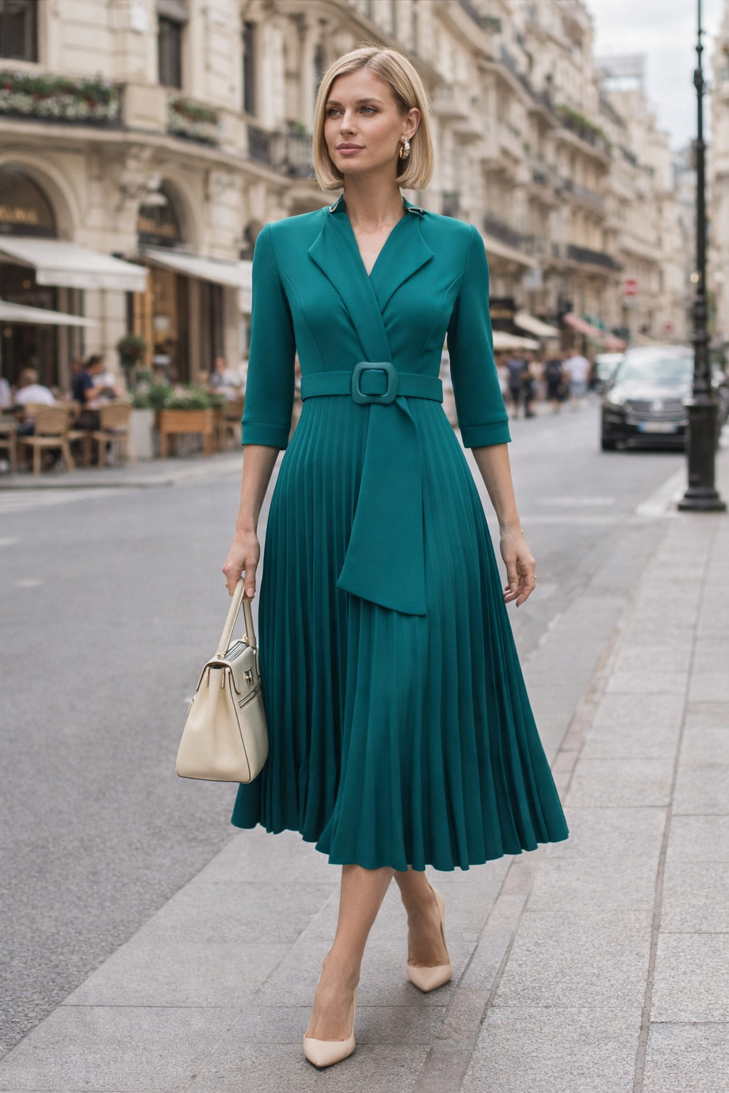Women's elegant V-neck midi dress with a flattering waist-pleated design, perfect for formal events or cocktail parties.