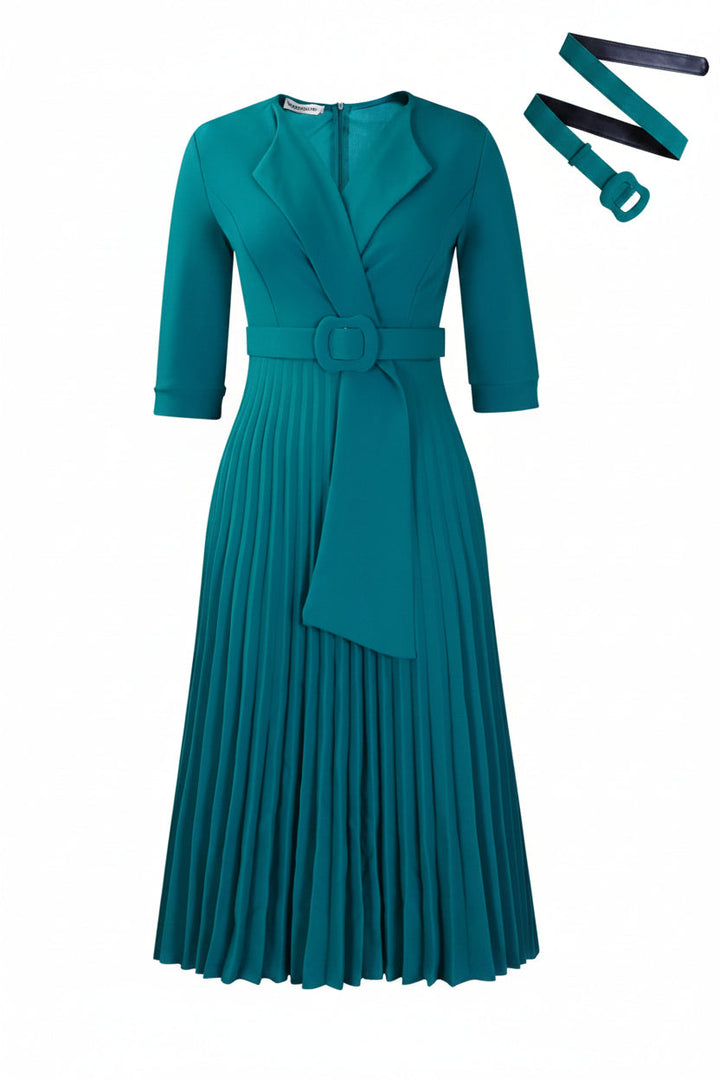 Flattering women's formal midi dress featuring an elegant V-neck and a beautiful waist-pleated, summer-to-fall design.