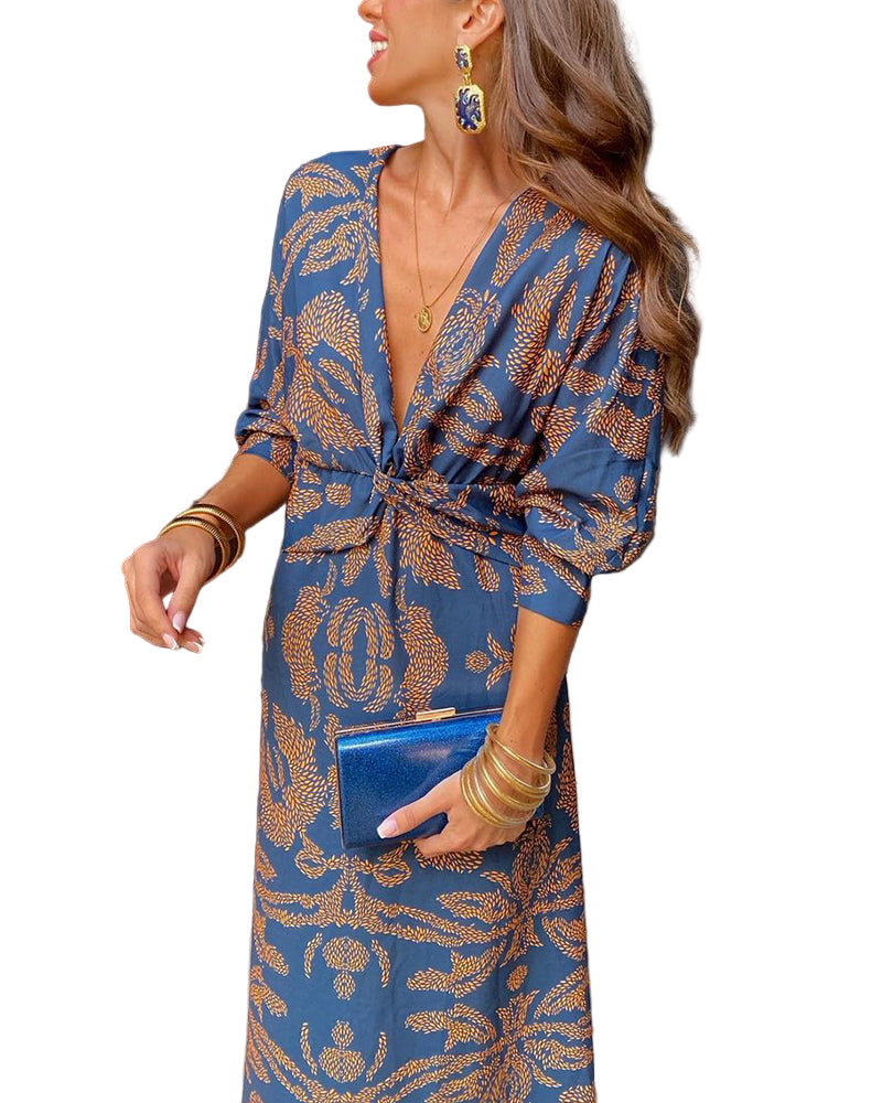 Women's elegant V-neck midi dress with flattering knot detail. Chic long sleeve design for evening wear.