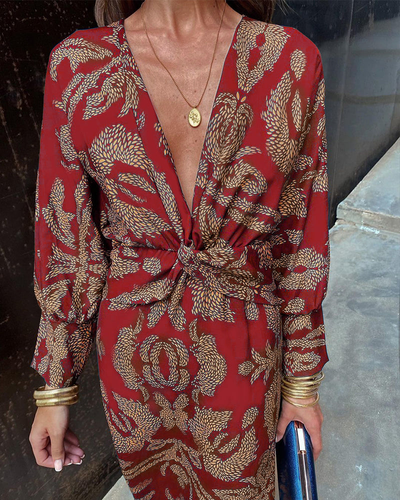 Detail shot of the elegant knot on a women's V-neck midi dress, adding a chic touch for evening outfits.