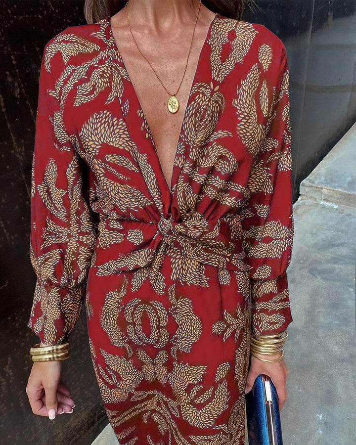 Detail shot of the elegant knot on a women's V-neck midi dress, adding a chic touch for evening outfits.