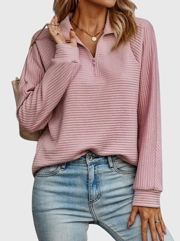 Versatile women's zipper V-neck sweater. Elegant knitwear perfect for layering, casual wear, or stylish outfits.