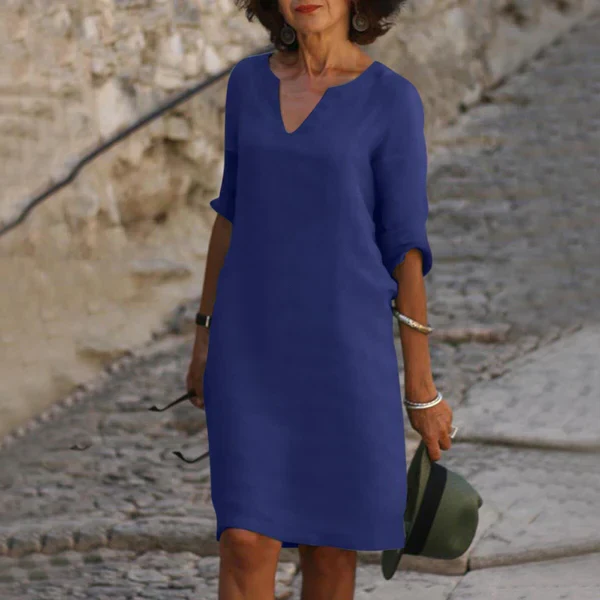 Flattering women's loose-fit V-neck dress with 3/4 sleeves, ideal for versatile day or casual wear.