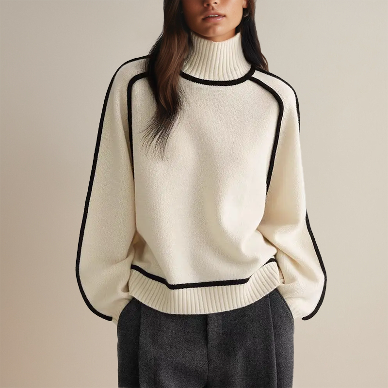 Warm women's fashion: cozy turtleneck sweater in a sophisticated style, essential for elegant winter outfits.