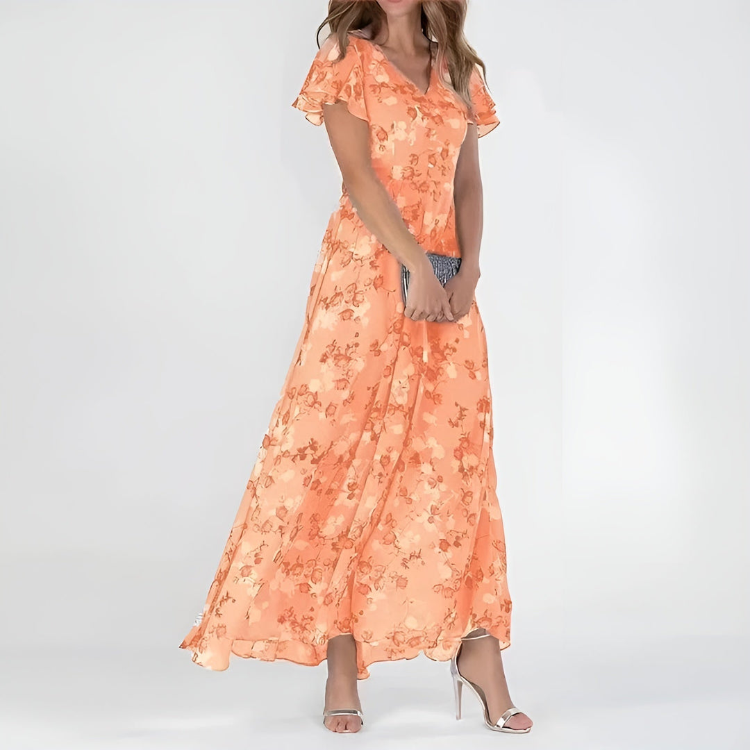 Women's elegant watercolor floral print maxi dress, perfect for summer garden parties & wedding guests. Flowy long dress.