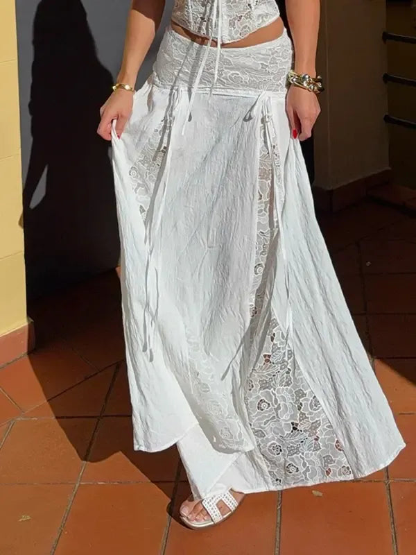 Women's elegant white lace panel maxi skirt, perfect for summer fashion & boho chic style.