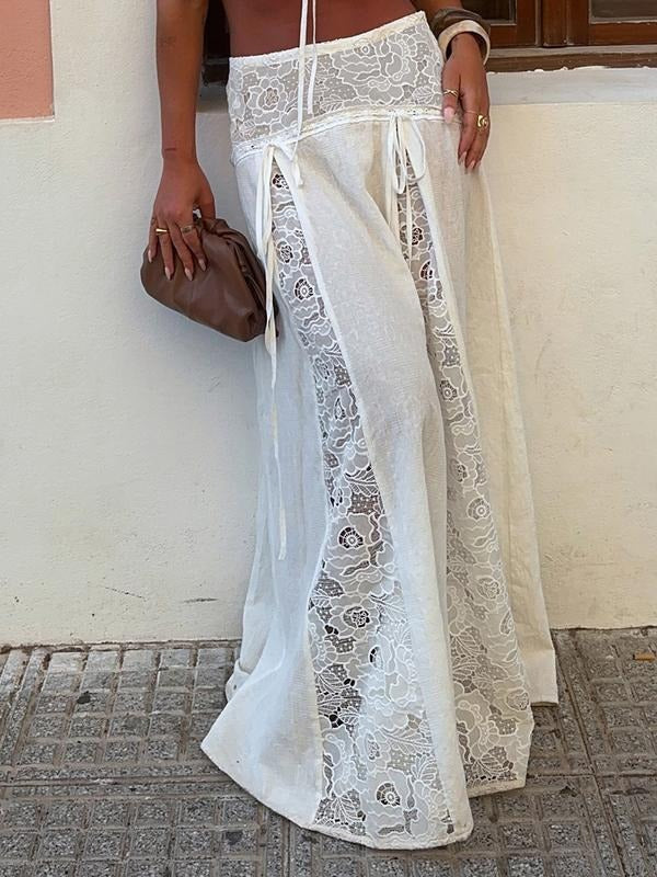 Stunning white lace panel maxi skirt for women, offering elegant style & comfortable flowing movement.