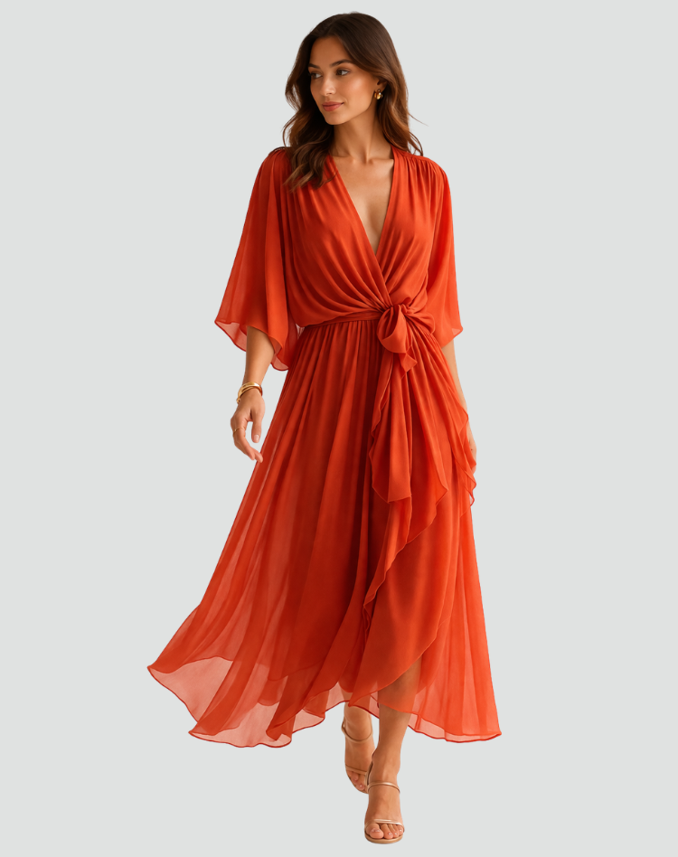 Women's elegant wrap midi dress with tie waist. Perfect for special occasions & summer fashion.