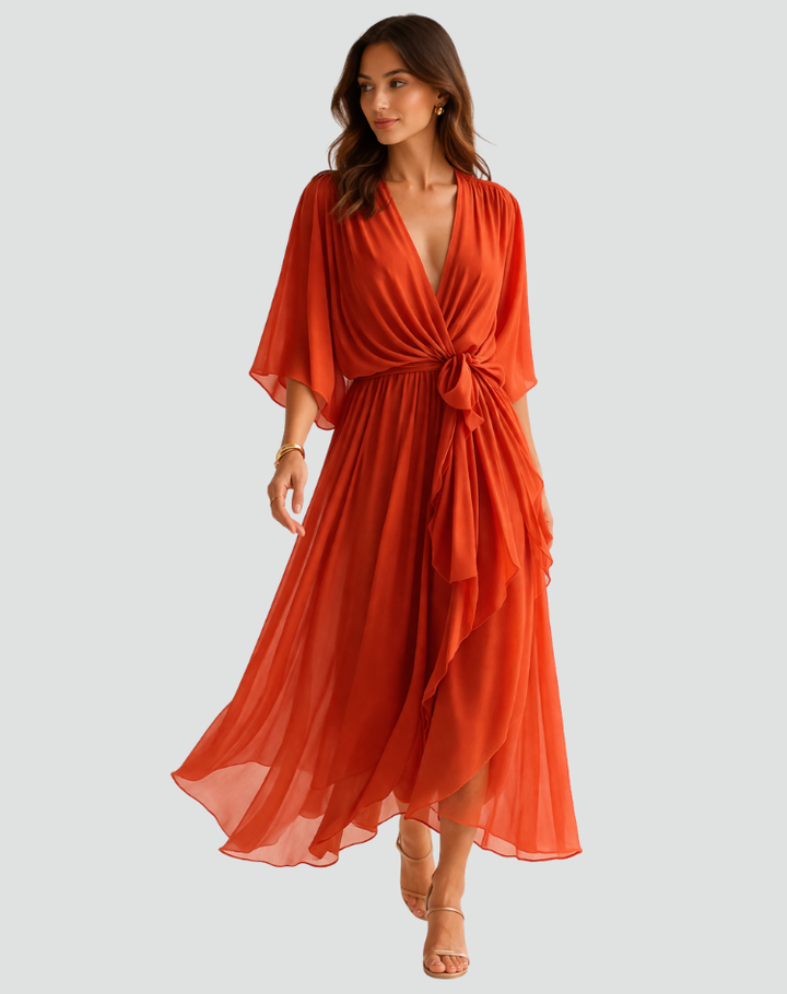 Women's elegant wrap midi dress with tie waist. Perfect for special occasions & summer fashion.