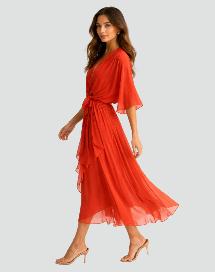 Sophisticated women's wrap midi dress featuring a tie waist and flowy design. Great for special occasions.