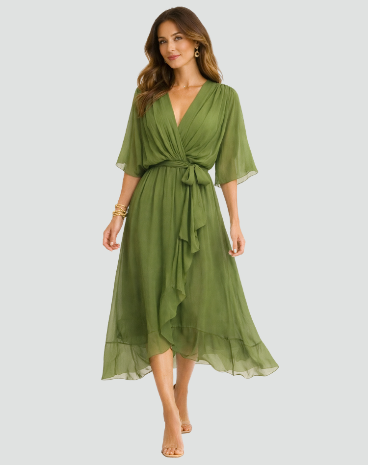 Flowy women's wrap midi dress featuring a V-neck & tie waist. Elegant and versatile for any event.