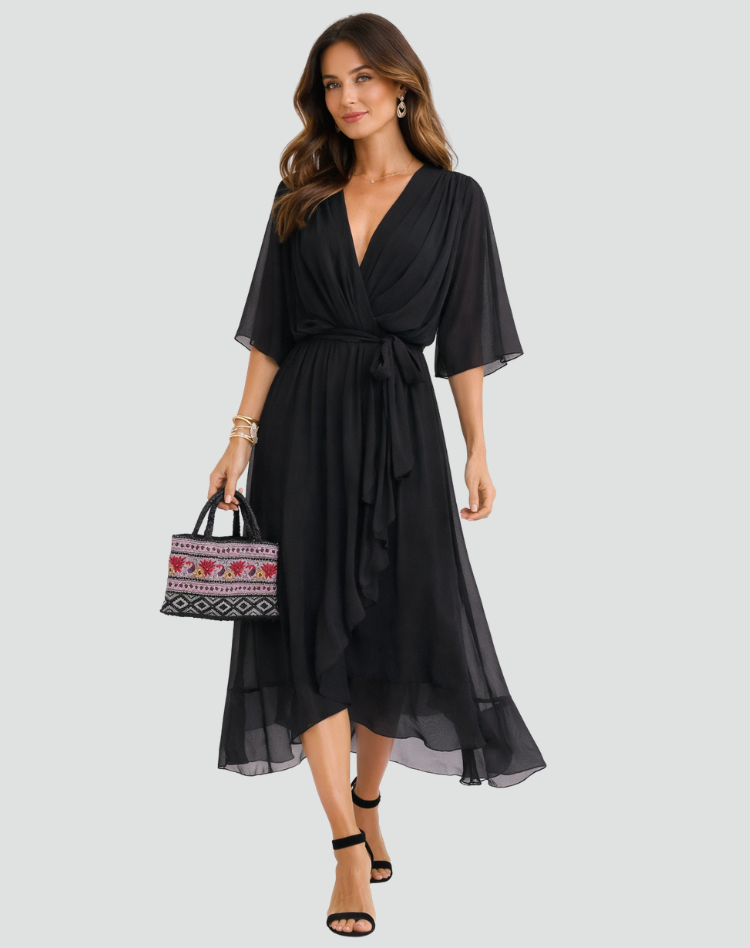Chic women's midi wrap dress, ideal for parties or special occasions. Features a flattering tie waist.