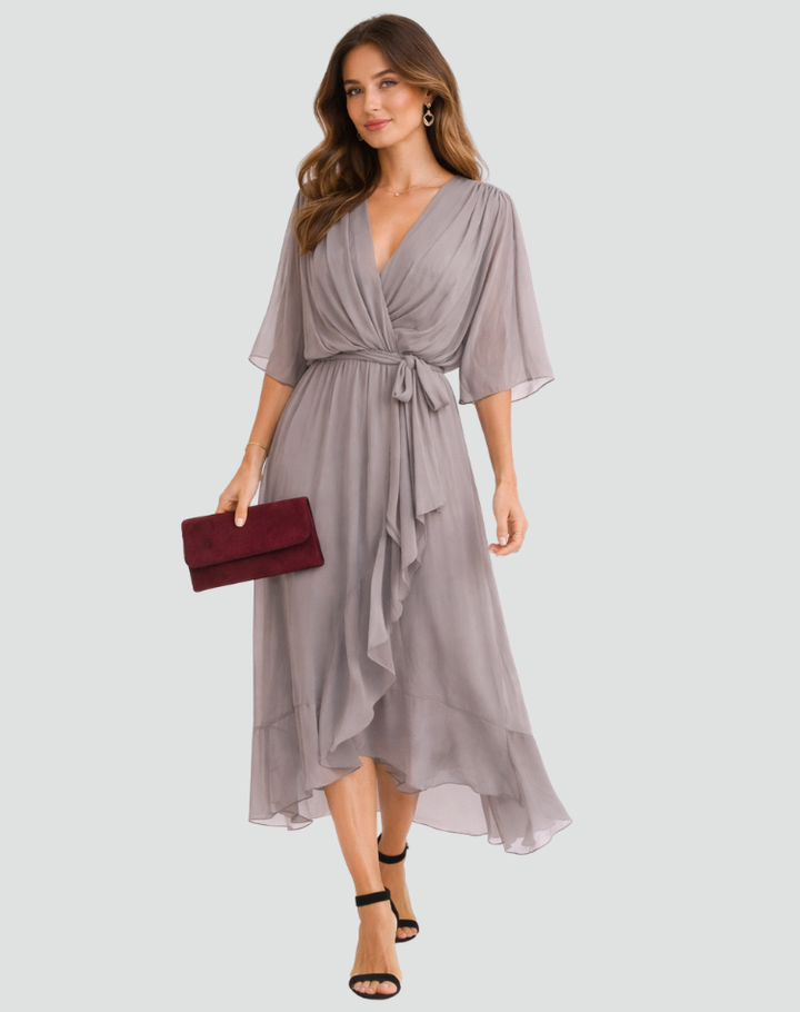 V-neck wrap midi dress for women with an adjustable tie waist, offering an elegant & flowy silhouette.