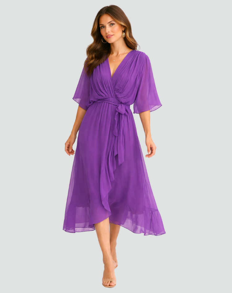 Luxurious women's flowy wrap midi dress with a V-neck and tie waist. Elegant party attire.