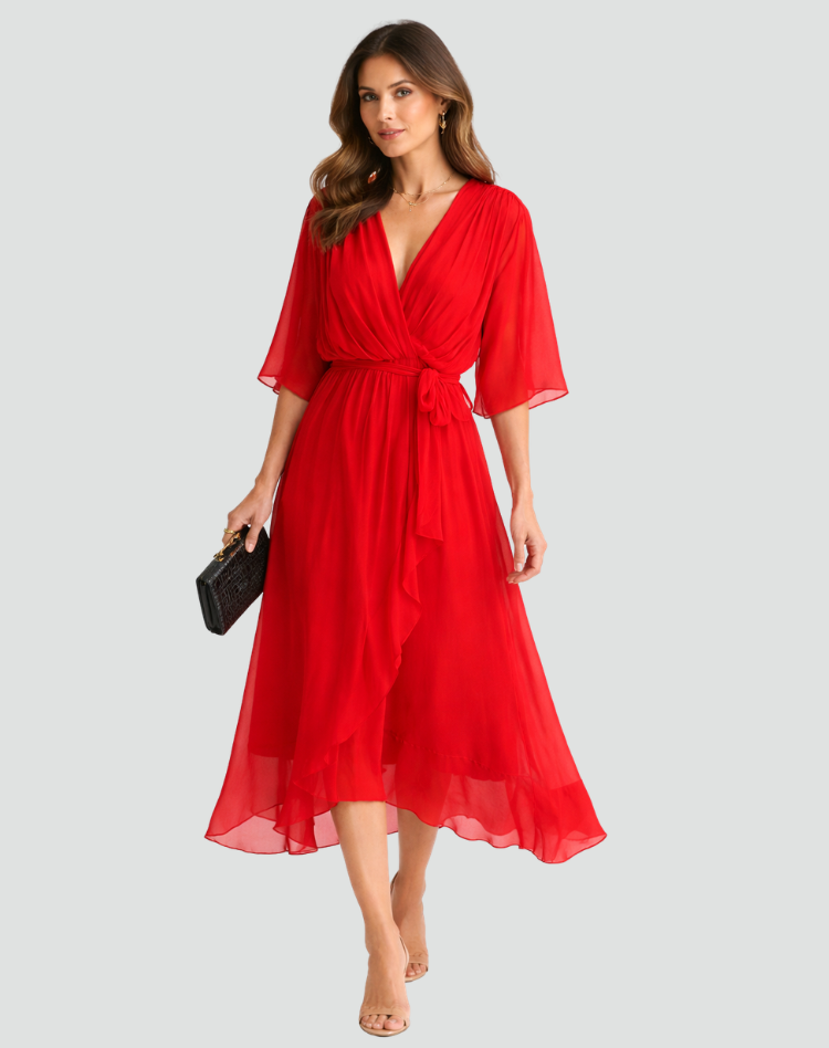 Flattering women's elegant wrap midi dress with a cinched tie waist. Ideal for a sophisticated look.