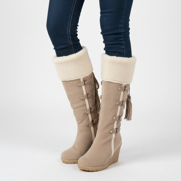 Fashionable women's 'Elena' winter boots featuring a comfortable wedge heel and cozy plush lining.