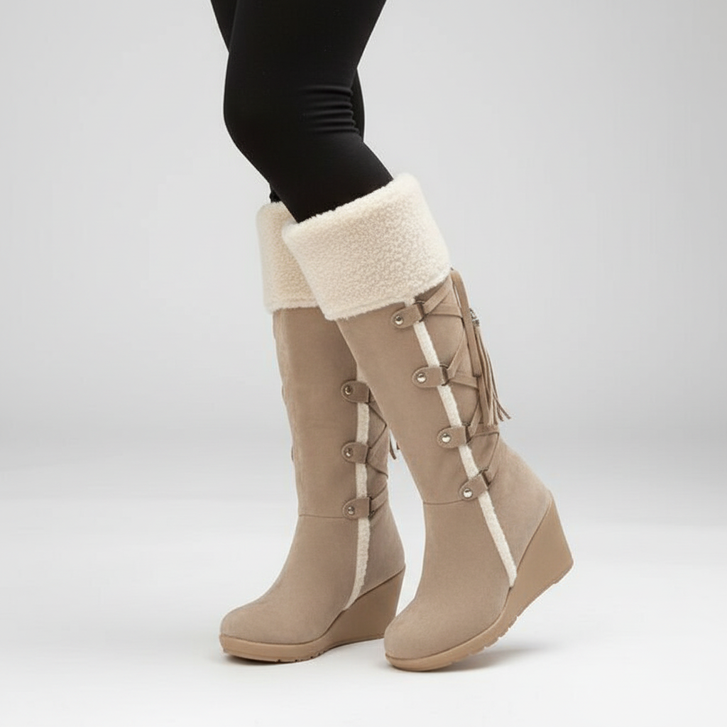 Front view of women's 'Elena' wedge heel winter boots, offering warmth and comfort.
