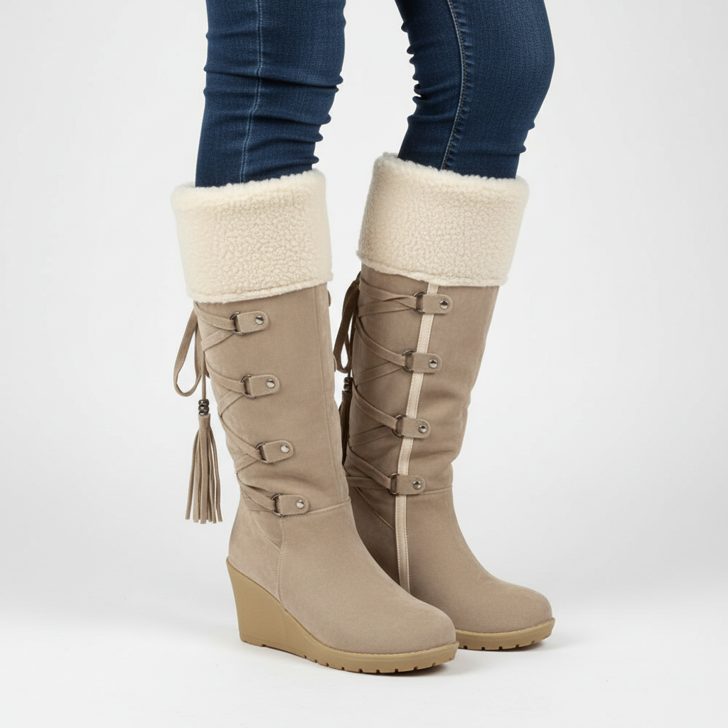 Side view of 'Elena' women's knee-high boots, showcasing the wedge heel and plush interior.